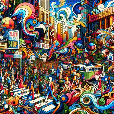 The primary subject of the image is a busy city street filled with people walking and standing. The setting is a bustling urban environment with tall buildings and various signs. The visual style is a colorful, artistic illustration, giving the scene a vibrant and lively atmosphere. The colors and mood are predominantly bright and energetic, reflecting the dynamic nature of city life.